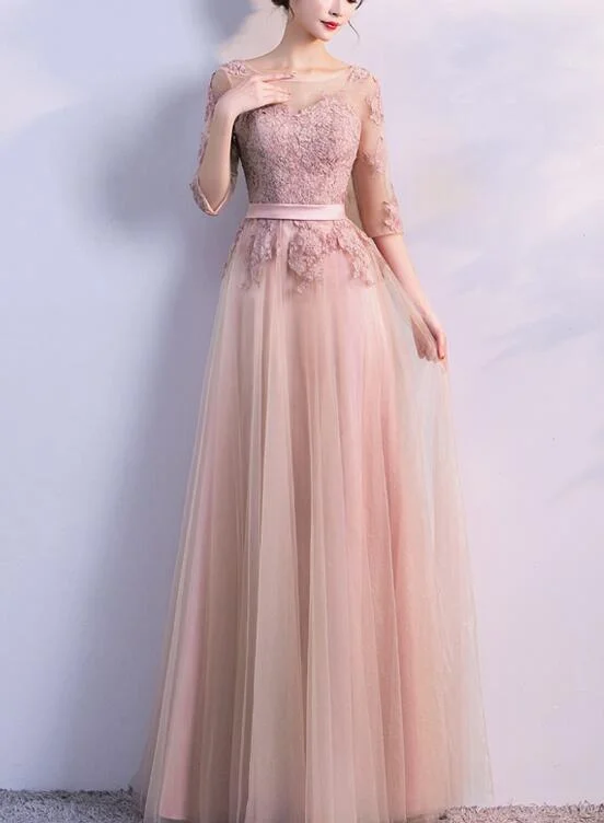 Soft Pink 1/2 Sleeves Lace Applique Long Party Dress, Cute Long Formal Gowns Tunics Corduroy durable