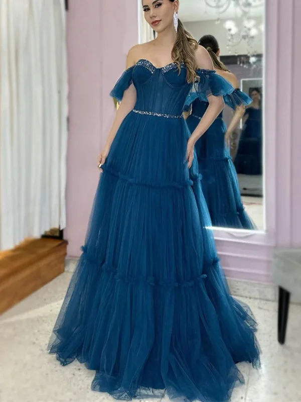 Strapless A Line Blue Tulle Beaded Long Prom Dresses, Off Shoulder Sweetheart Blue Tulle Beaded Formal Evening Dresses Tunics Sophisticated sleek