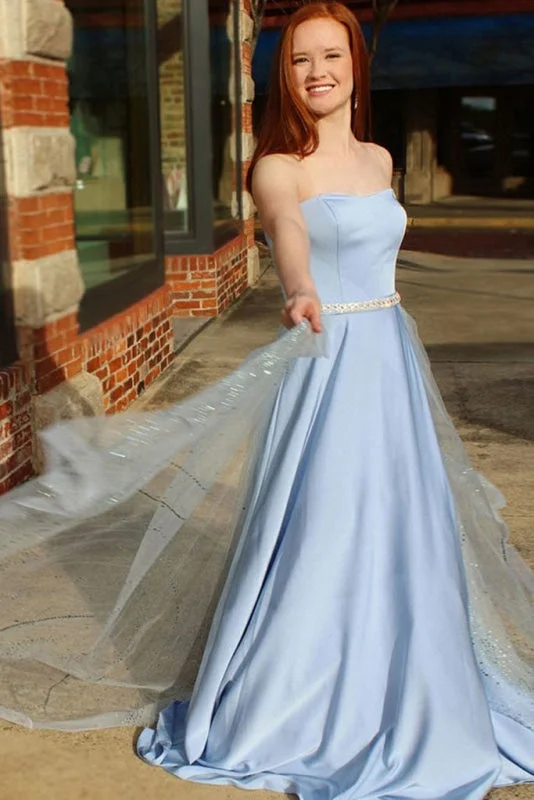 Strapless A Line Satin Prom with Beading Waist Unique Long Evening Dress Tunics stripes playful