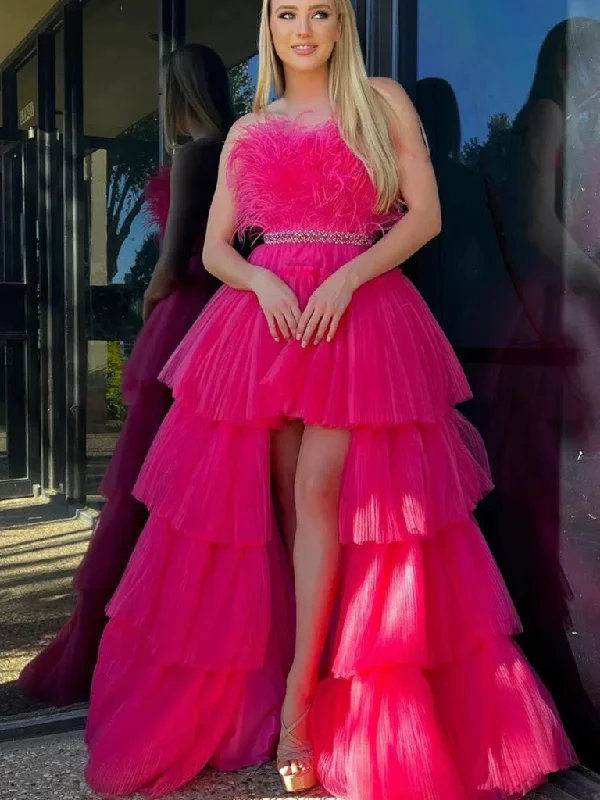 Strapless High Low Hot Pink Feathers Long Prom Dresses, Strapless High Low Hot Pink Feathers Long Formal Evening Dresses Chiffon Maxi Beach