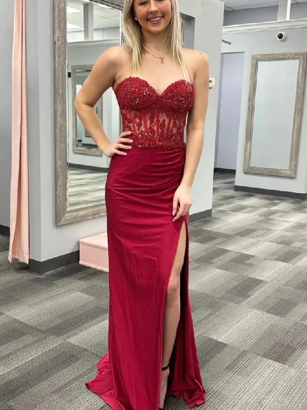 Strapless Mermaid Beaded Burgundy Lace Long Prom Dresses with High Slit, Sweetheart Neck Mermaid Burgundy Lace Formal Evening Dresses Tunics Modern contemporary