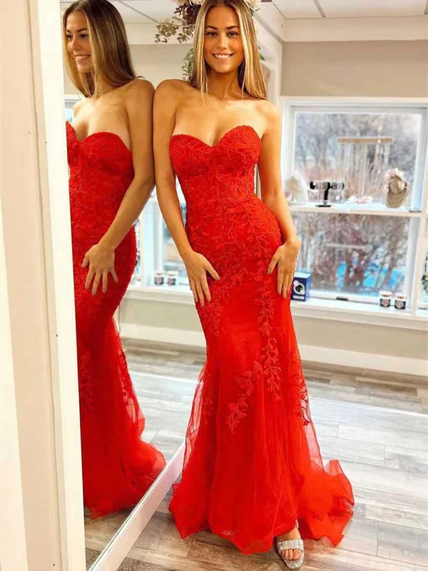 Strapless Red Mermaid Lace Long Prom Dresses, Strapless Red Mermaid Lace Long Evening Party Dress Tunics Ceremony elegant