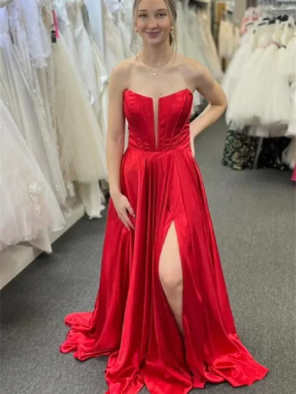 Strapless V Neck Red Long Prom Dresses with High Slit, V Neck Red Open Back Formal Evening Dresses Shift Classic Vintage