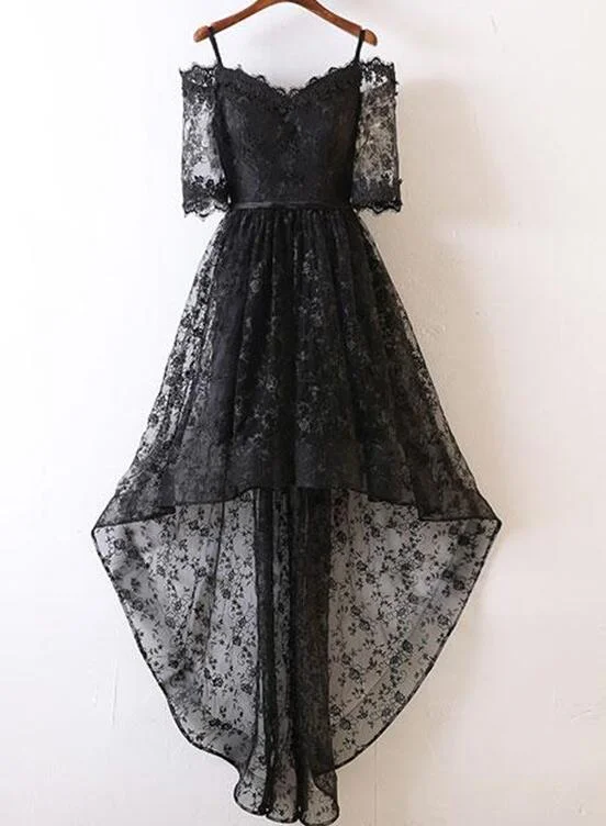 Stylish Off-Shoulder Black Lace High Low Prom Dress , Black Evening Party Dress Tunics Custom made