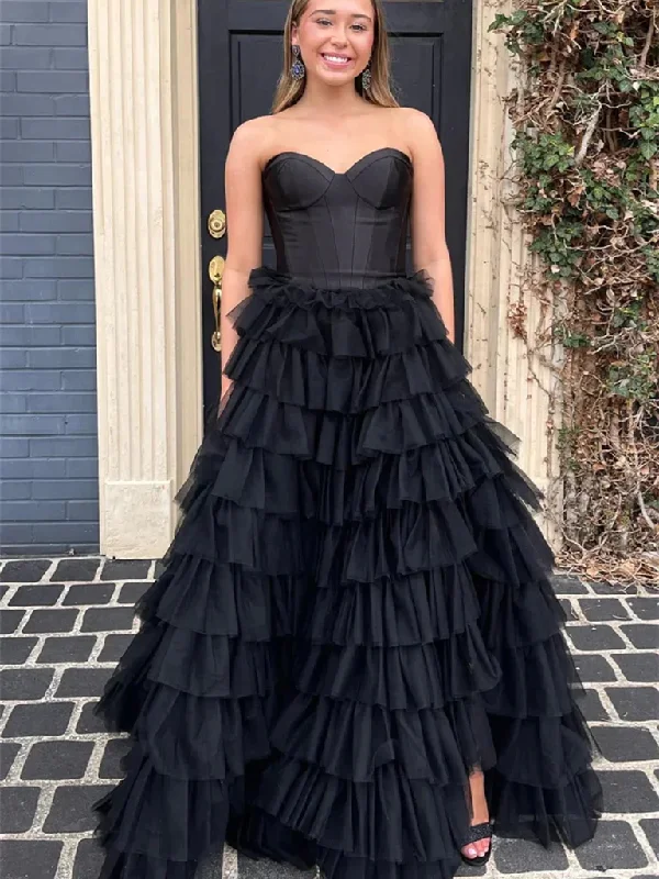 Sweetheart Neck Strapless Black Ruffle Tulle Long Prom Dresses, Sweetheart Neck Strapless Black Ruffle Tulle Long  Formal Evening Dresses, Ball Gown Tunics Stylish elegant