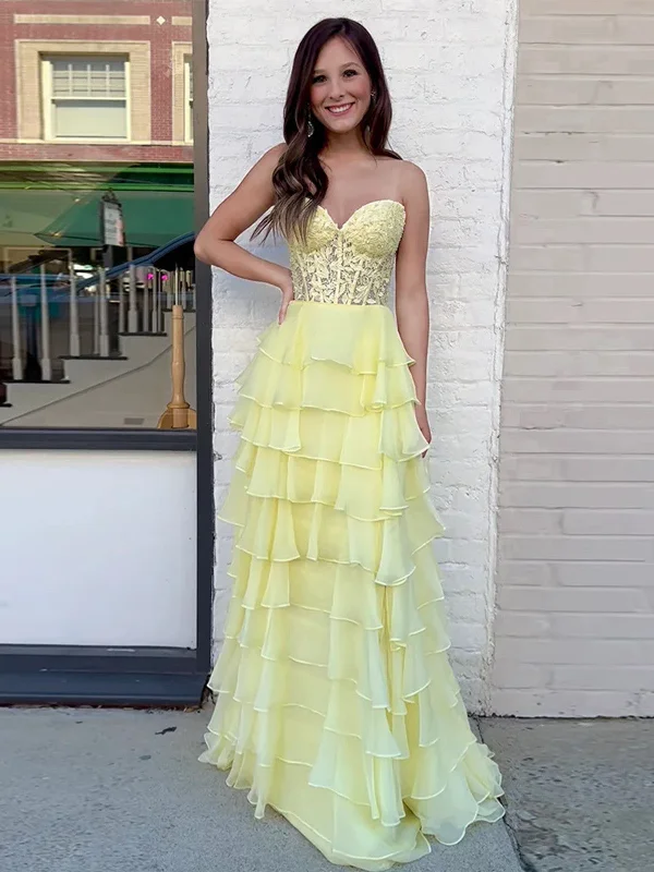 Sweetheart Neck Yellow Chiffon Lace Long Prom Dresses, Yellow Sweetheart Neck Chiffon Lace Long Formal Evening Dresses Tunics Yoga stretchy