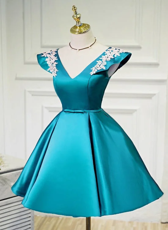 Teal Blue Satin Short Party Dress with White Lace, Blue Homecoming Dress Prom Dress Tunics Stylish elegant