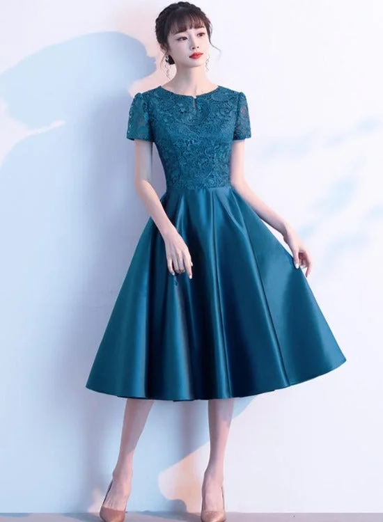 Teal Green Round Neckline Satin with Lace Wedding Party Dresses, Short Bridesmaid Dresses Tunics Chic fashionable