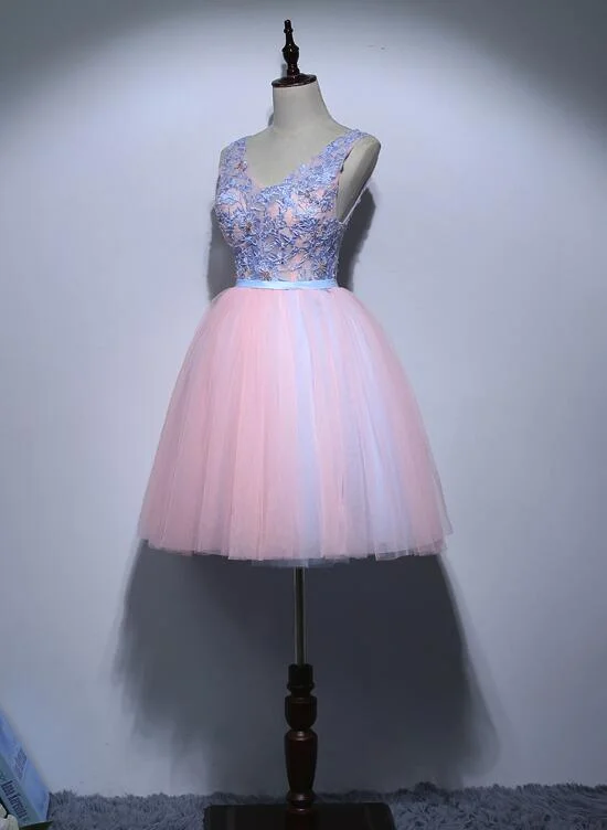 Tulle Cute Pink and Blue V-neckline Party Dresses, Homecoming Dresses Tunics Running lightweight