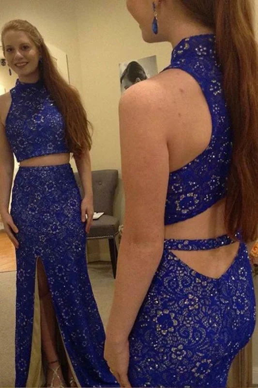 Two Piece High Neck Royal Blue Prom with Slit Gorgeous Sleeveless Lace Evening Dress Tunics Long Elegant