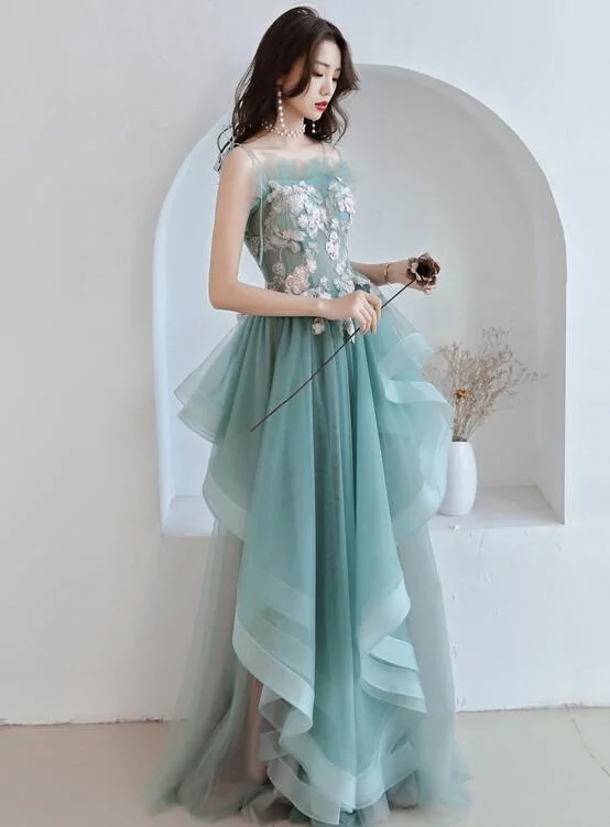 Unique A-line Long Straps Tulle Layers Green and Pink Evening Dress, Long Prom Dress Party Dress Sequined Elegant Party