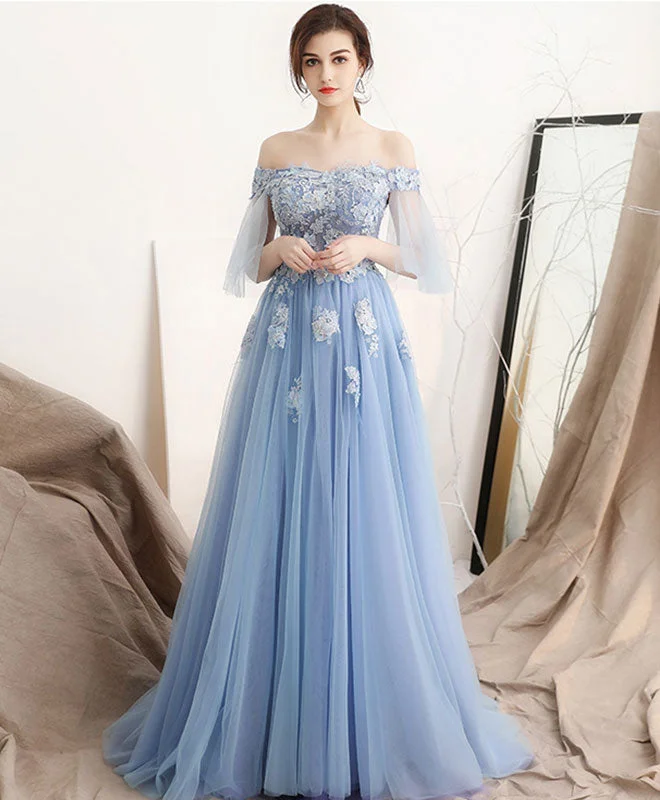 Unique Blue Off Shoulder Tulle Long Prom Dress, Blue Evening Dress Tunics Running lightweight