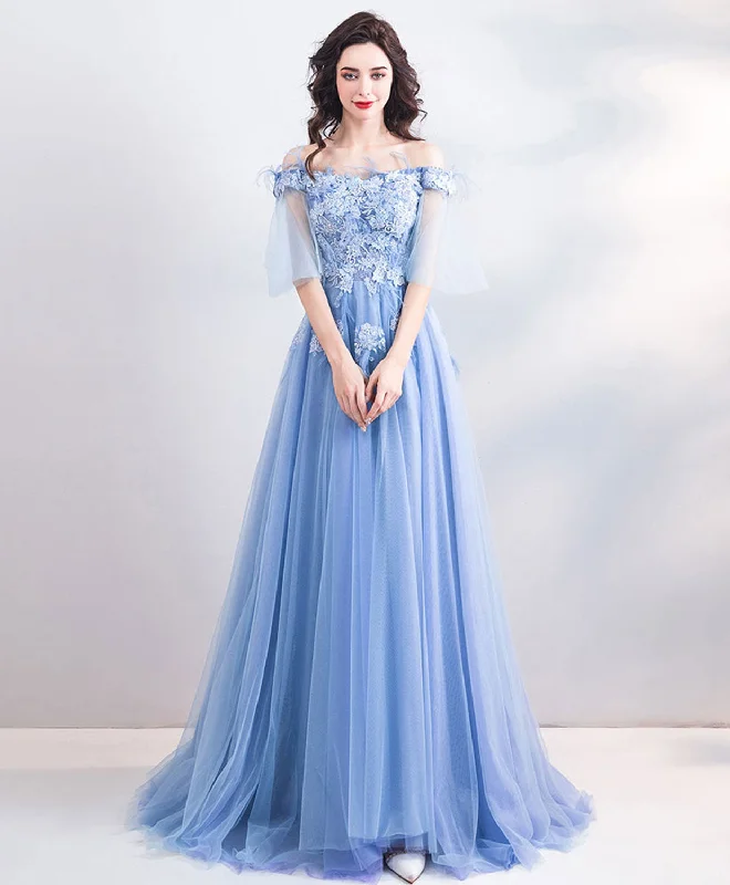 Unique Blue Tulle Off Shoulder Long Prom Dress, Blue Evening Dress Shift Classic Vintage