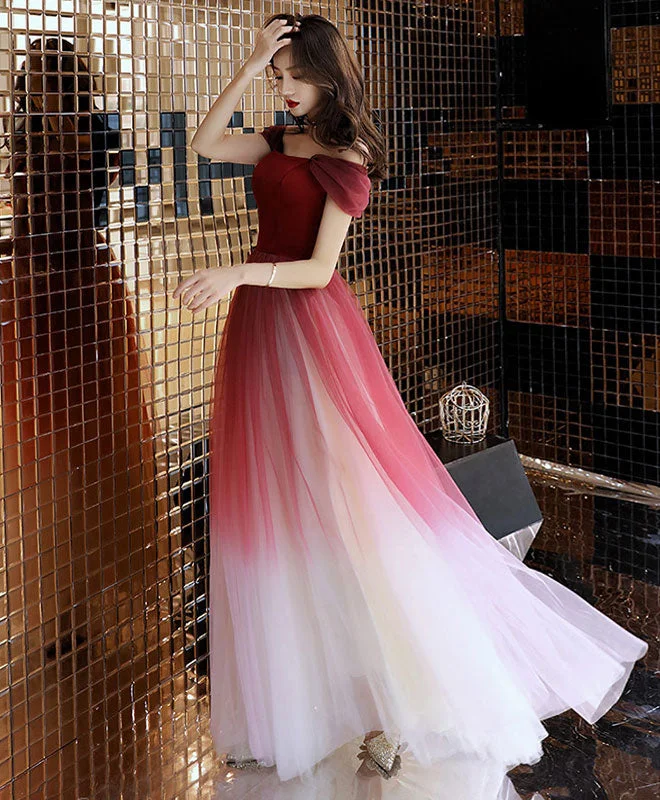 Unique Burgundy Off Shoulder Tulle Long Prom Dress, Burgundy Evening Dress High-Low Hemline Casual