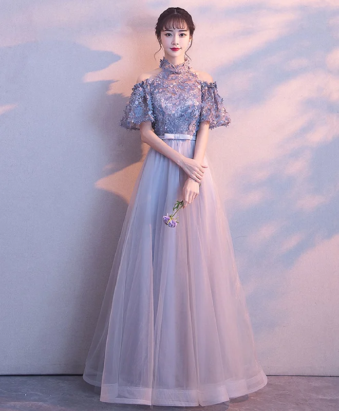 Unique Gray Tulle Applique Long Prom Dress, Gray Tulle Evening Dress Tunics Long Elegant