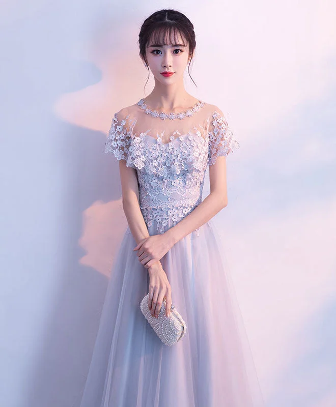 Unique Gray Tulle Long Prom Dress, Lace Evening Dress Tunics Bridal satin