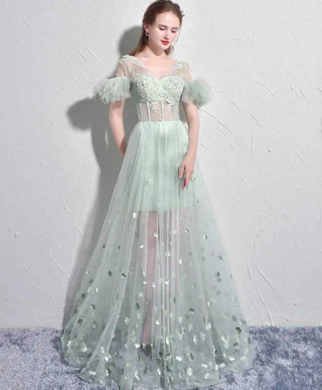 Unique Green Tulle V Neck Long Prom Dress, Green Evening Dress Tunics Polka dots