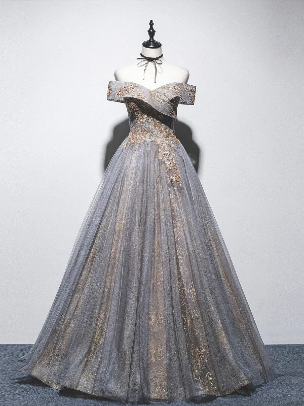 Unique Off Shoulder Tulle Long Gray Prom Dress, A line Tulle Lace Evening Dress Tunics Corduroy durable