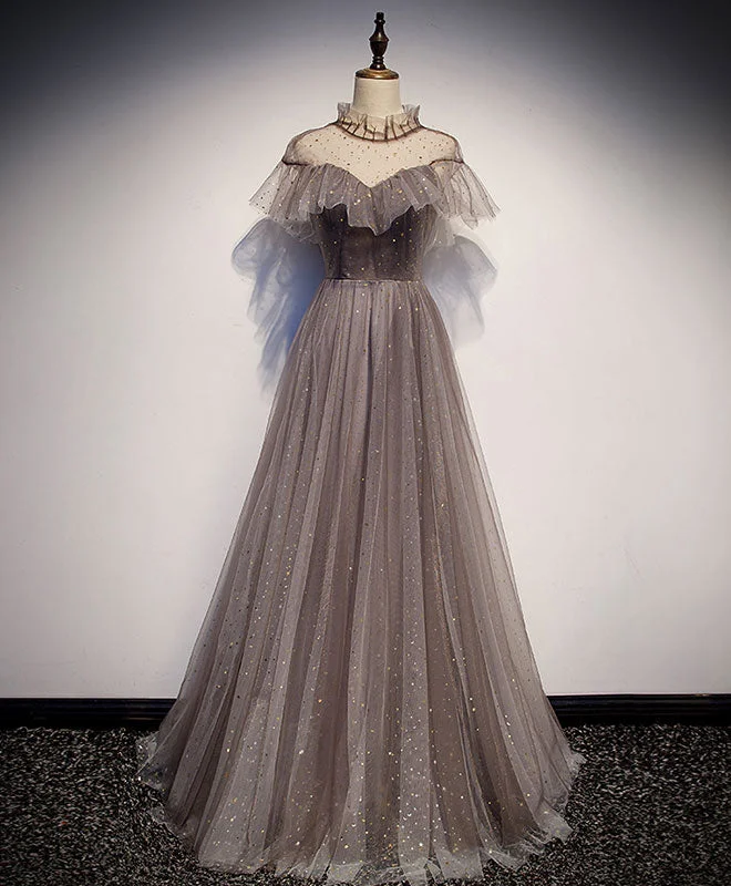 Unique Tulle Long Prom Dress, Tulle Gray Evening Dress Sequined Elegant Party