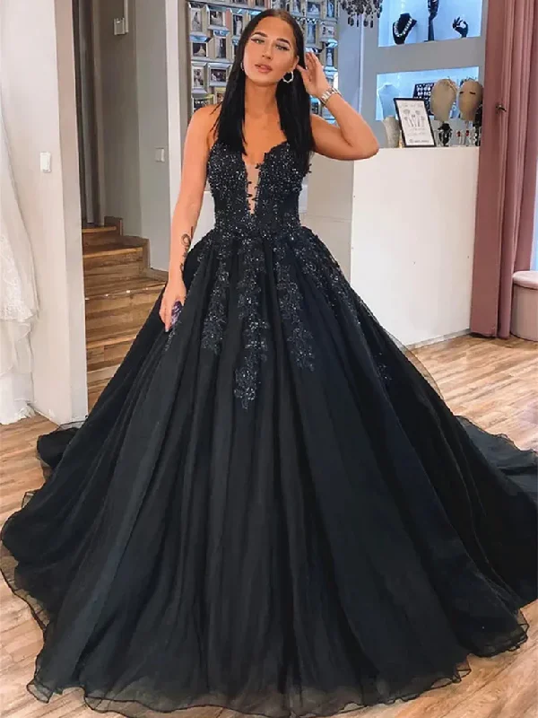 V Neck Black Lace Long Prom Dresses, V Neck Black Long Lace Formal Evening Dresses Tunics Practical durable