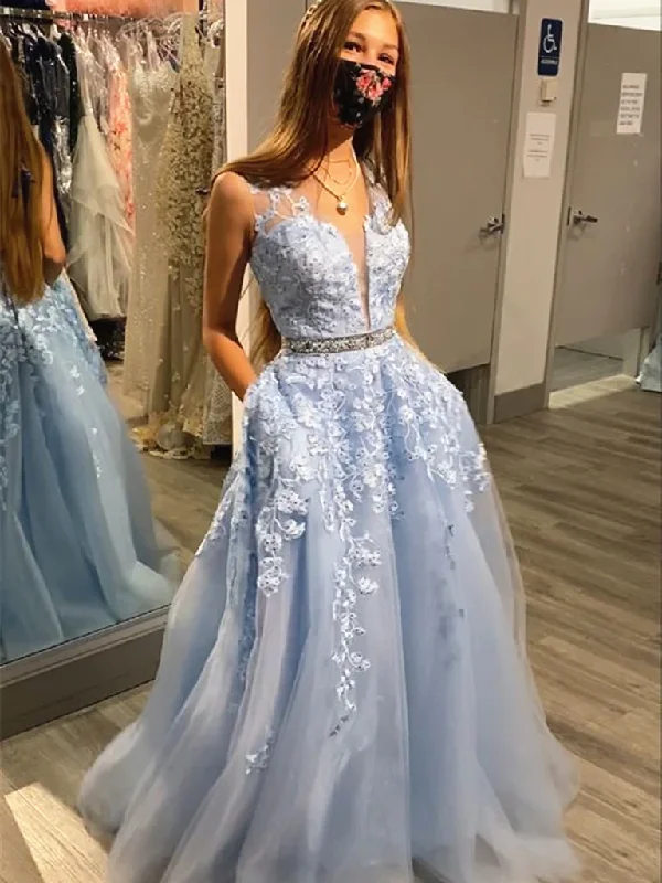 V Neck Blue Lace Long Prom Dresses, V Neck Blue Lace Long Formal Evening Dresses Tunics Ceremony elegant