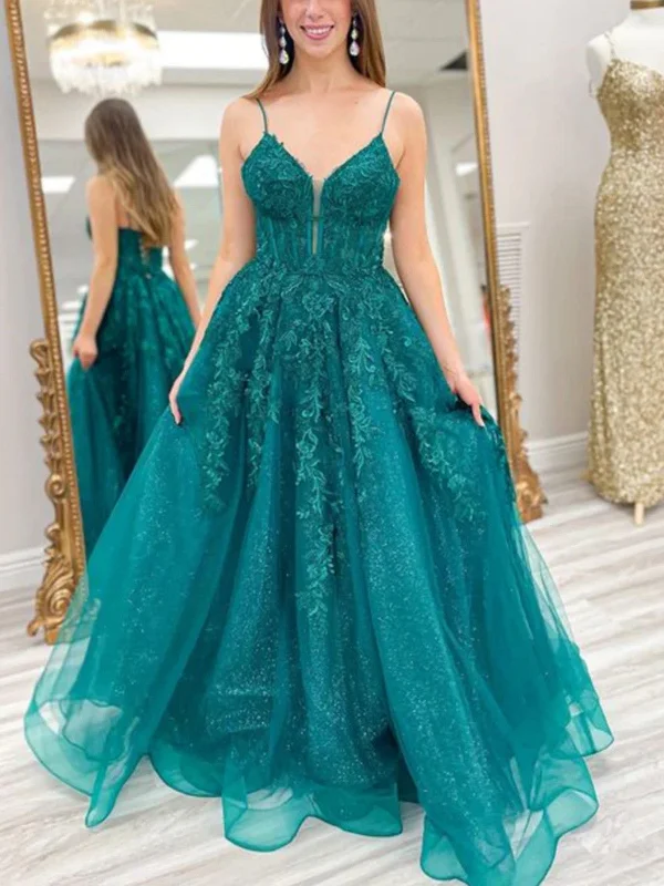 V Neck Green Lace Tulle Long Prom Dresses, V Neck Green Lace Tulle Long Formal  Evening Dresses Tunics Stylish elegant