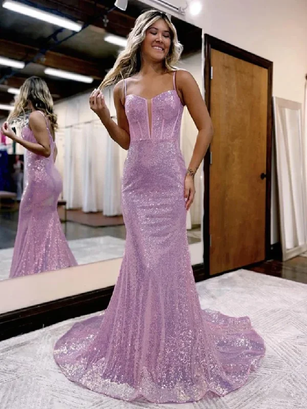 V Neck Mermaid Lilac Sequins Long Prom Dresses, V Neck Mermaid Purple Sequins Long Formal Evening Dresses Tunics Modern contemporary