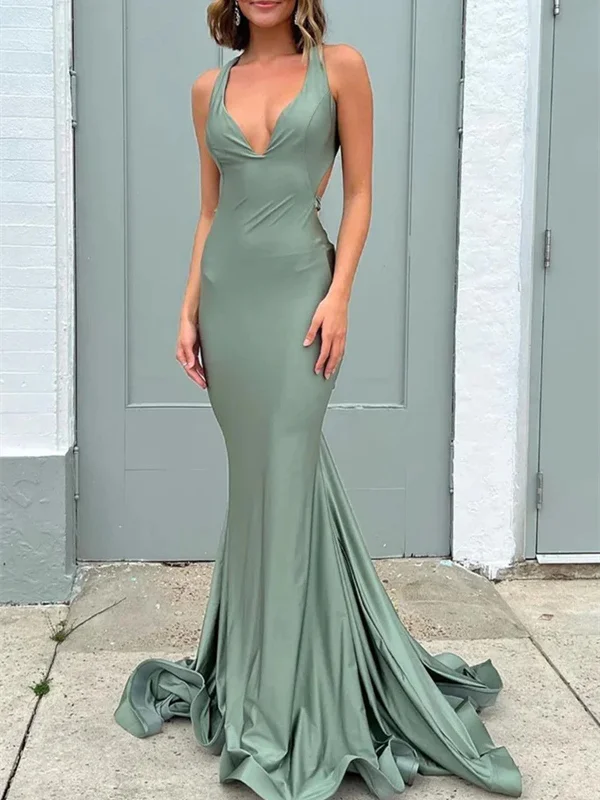 V Neck Mermaid Open Back Sage Long Prom Dresses, Sage Mermaid Backless Formal  Evening Dresses Tunics Modern contemporary