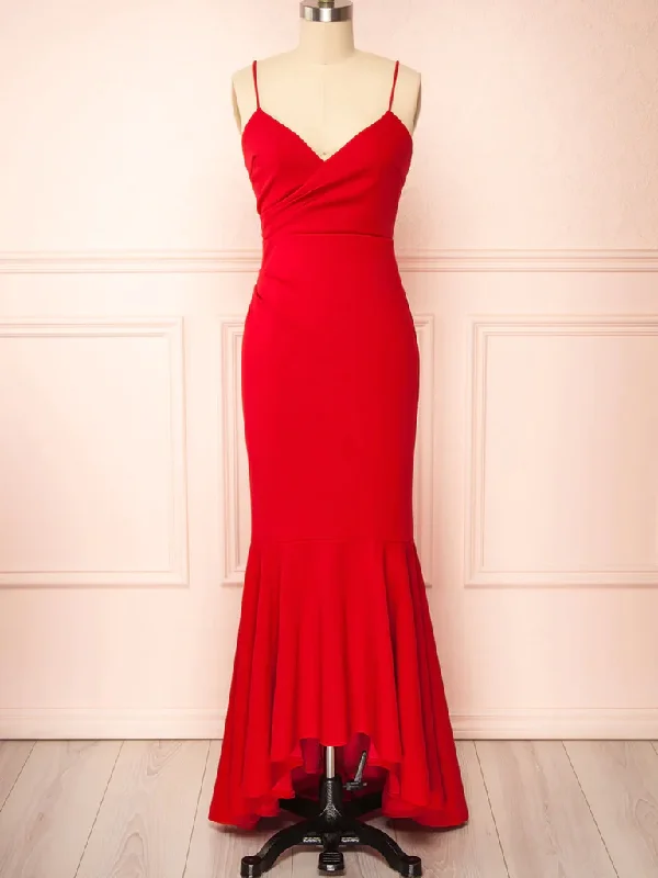 V Neck Mermaid Red Long Prom Dresses, Mermaid Red Long Formal Evening Dresses Tunics Sale discount