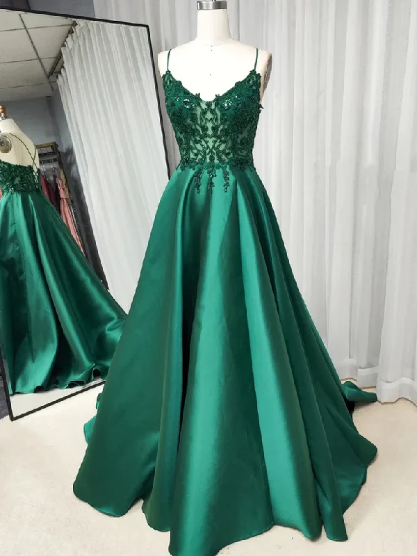 V Neck Open Back Green Lace Long Prom Dresses, V Neck Backless Green Lace Long Formal Graduation Evening Dresses Glittery Long Formal