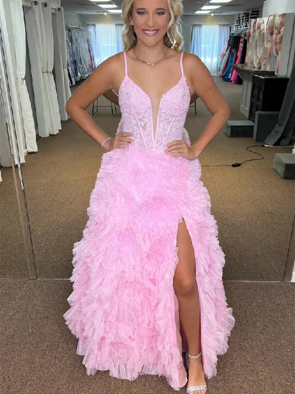 V Neck Pink Lace Long Prom Dresses with High Slit, Pink Ruffle Lace Formal Evening Dresses Tunics Evening elegant