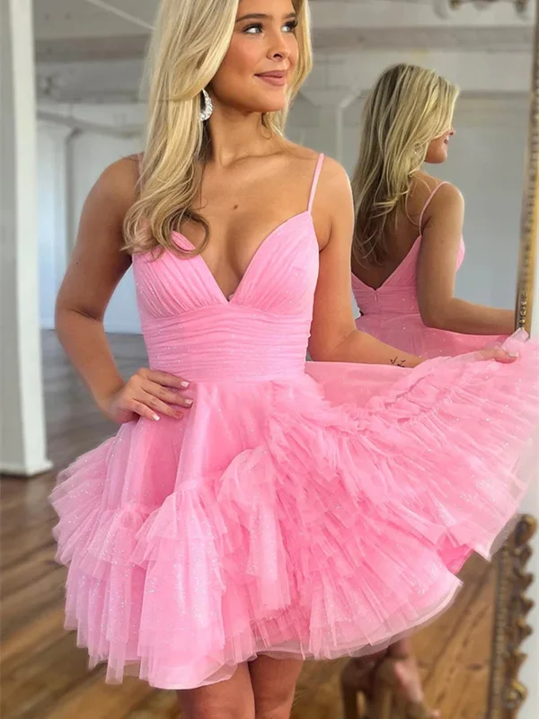 V Neck Short Pink Tulle Prom Dresses，Short Pink V Neck Formal Graduation Evening Dresses Tunics Fashionable trendy