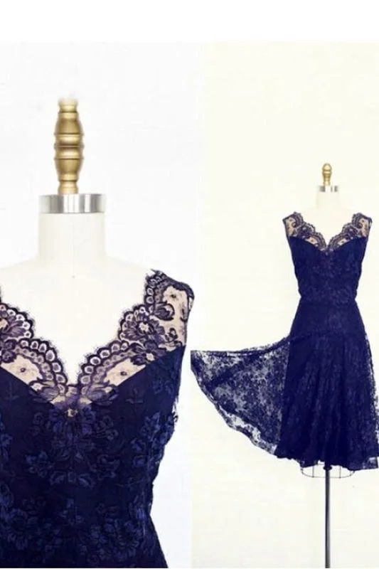 Vintage Short Lace Royal Blue Bridesmaid Dresses V-neck Sleeveless Wedding Party Dress Tunics Trousers formal