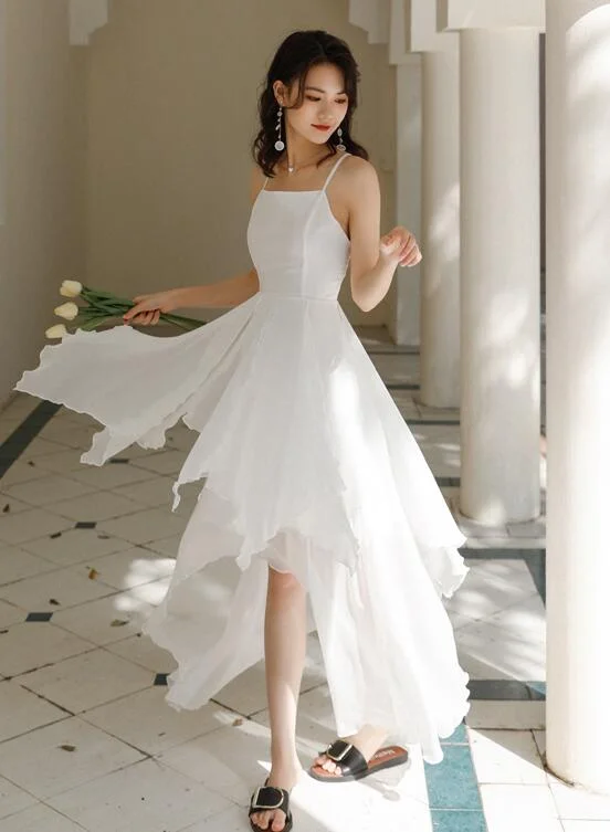 White Chiffon High Low Chic Simple Wedding Party Dress, White Short Prom Dress Graduation Dress Tunics Wedding white