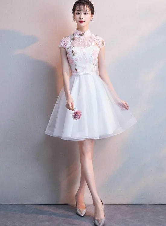 White Lace and Tulle High Neckline Short Graduation Dresses, Lovely White Short Party Dresses Tunics Fleece cozy