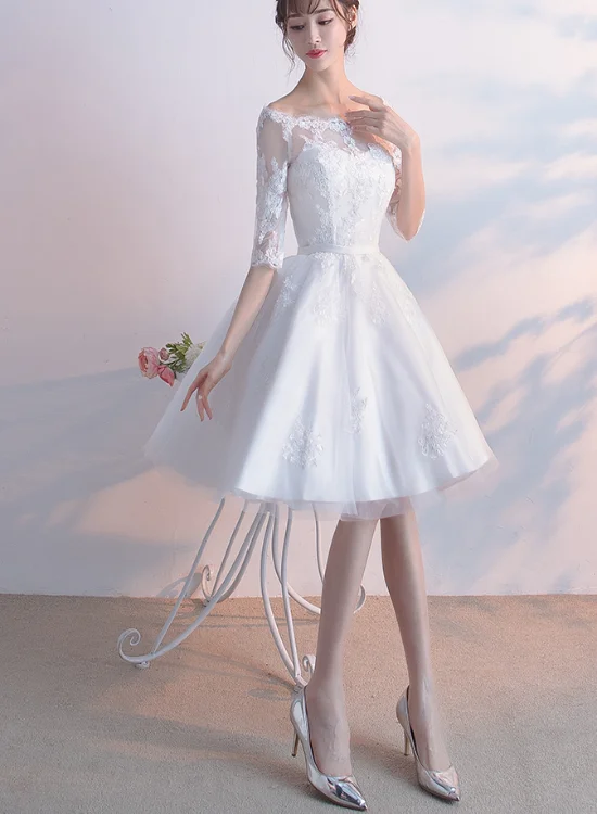 White Lace Short Sleeves Homecoming Dress Party Dress, White Formal Dress Prom Dress Tunics Denim casual
