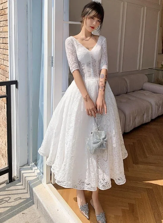White Lace Short Sleeves Tea Length Wedding Party Dress, White Graduation Dresses Tunics Party sparkling