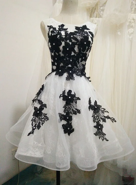 White Tulle and Lace Knee Length Party Dress with Black Lace, Cute Party Dress Tunics Silk luxurious