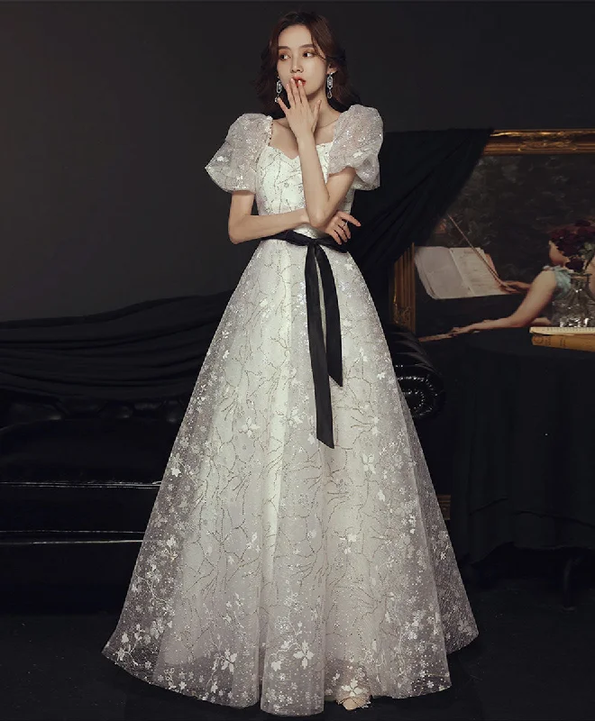 A line White Tulle Lace Sequin Long Prom Dress, White Formal Graduation Party Dress empire Waist empire