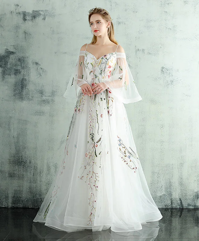 White V Neck Tulle Lace Long Prom Dress, Evening Dress Tunics Chic fashionable