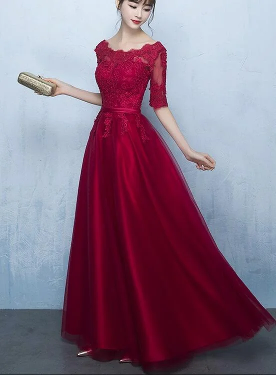 Wine Red 1/2 Sleeves Lace and Tulle Party Dress, Charming Dark Red Formal Gowns Tunics Trousers formal