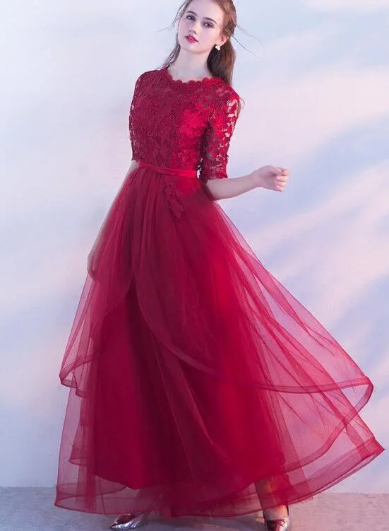 Wine Red Lace 1/2 Sleeves Tulle Long Party Dress, A-line Layers Tulle Prom Dress Tunics Polka dots