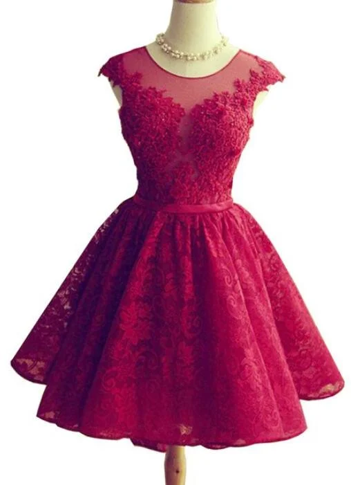 Wine Red Lace Knee Length Round Neckline Party Dress, Cute Homecoming Dresses Tunics Hiking breathable