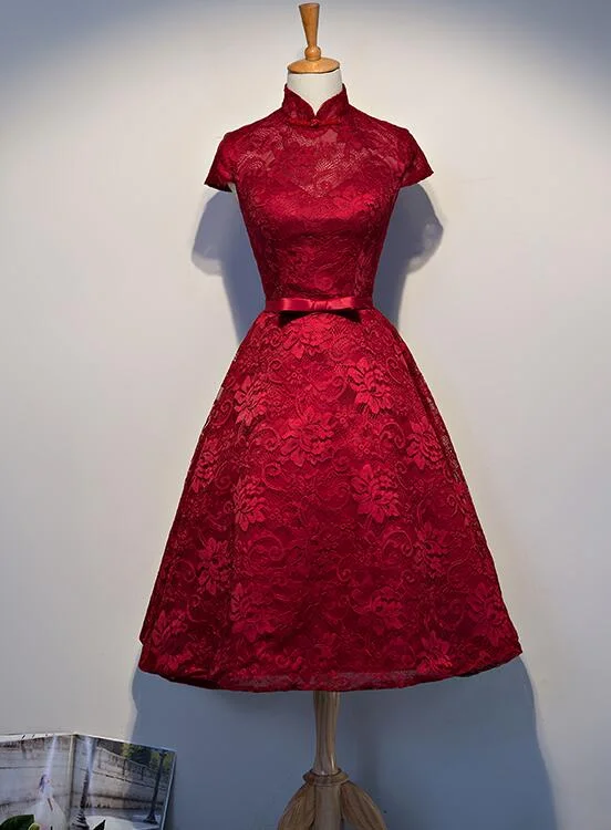 Wine Red Lace Tea Length Wedding Party Dresses, Beautiful Lace Formal Dresses Boatneck Modish Everyday