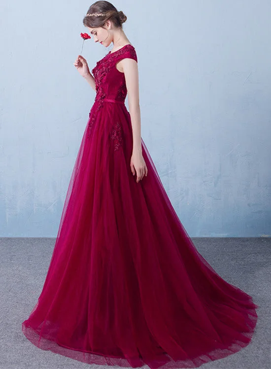 Wine Red Long Tulle Round Neckline Lace Applique Prom Dress, Tulle Evening Dress Tunics Essential wardrobe Wine Red Long Tulle Round Neckline Lace Applique Prom Dress, Tulle Evening Dress Tunics Essential wardrobe