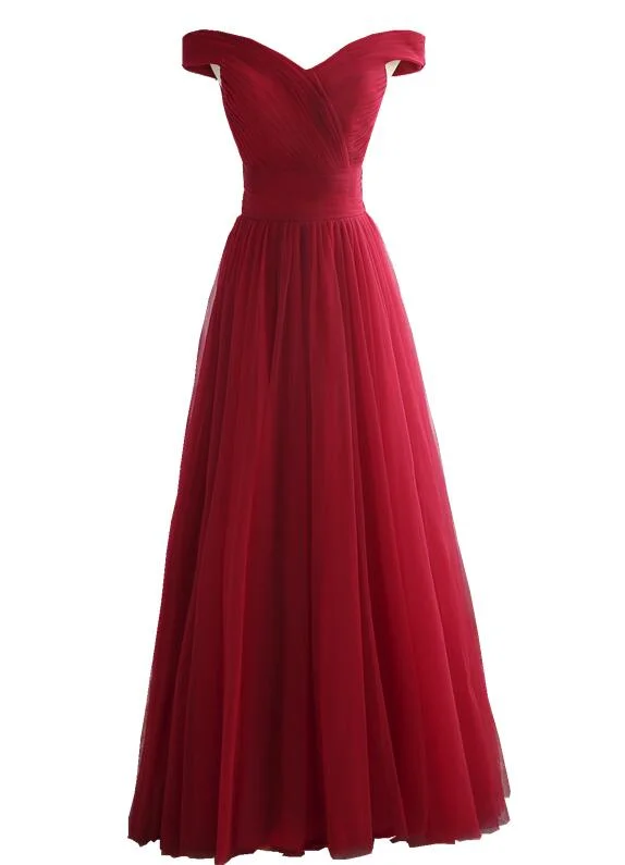 Wine Red Off Shoulder Floor Length A-line Party Dress, Charming Prom Gowns, Party Dress Tunics Gym athletic