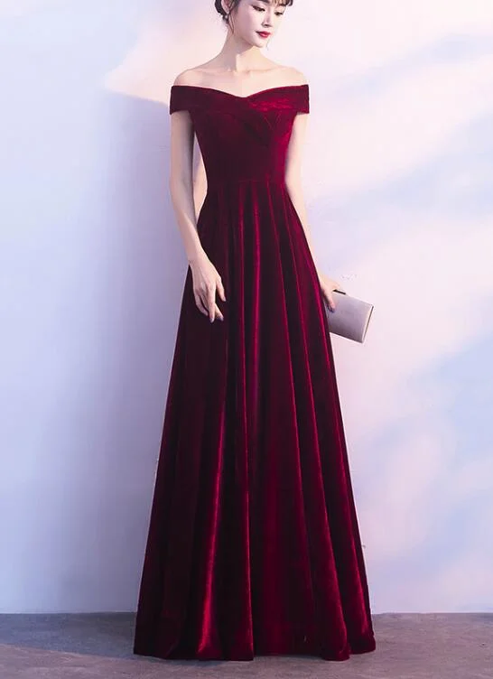 Wine Red Off Shoulder Velvet Long Wedding Party Dress, Charming Formal Gown Tunics Wedding white