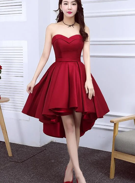 Wine Red Satin Cute High Low Homecoming Dresses, Sweetheart Party Dresses Tunics Yoga stretchy