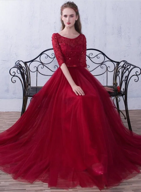 Wine Red Short Sleeves Beaded Tulle Wedding Party Dress, A-line Tulle Long Prom Dress Tunics Top Casual