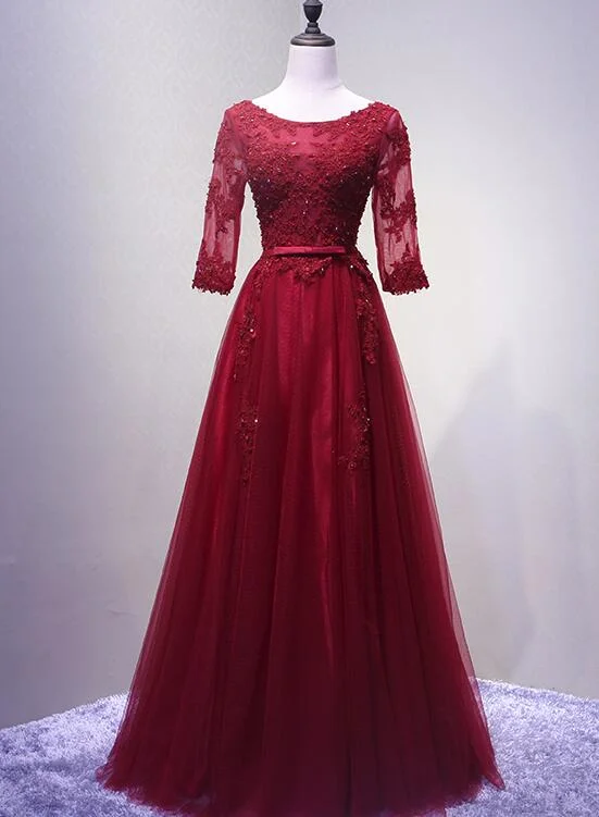 Wine Red Short Sleeves Tulle Long Formal Gown, Junior Prom Dress , Party Dress Boat Neckline Classic